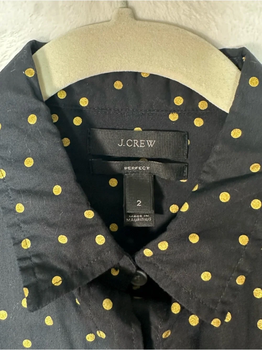 J.Crew Perfect Shirt Women’s 2 Black Gold Foil Polka Dot Cotton Blouse Metallic‎